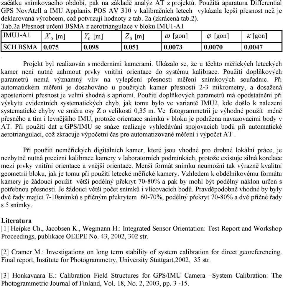 2a Přesnost určení BSMA z aerotriangulace v bloku IMU1-A1 IMU1-A1 SCH BSMA.75.98.51.73.7.47. Projekt byl realizován s moderními kamerami.