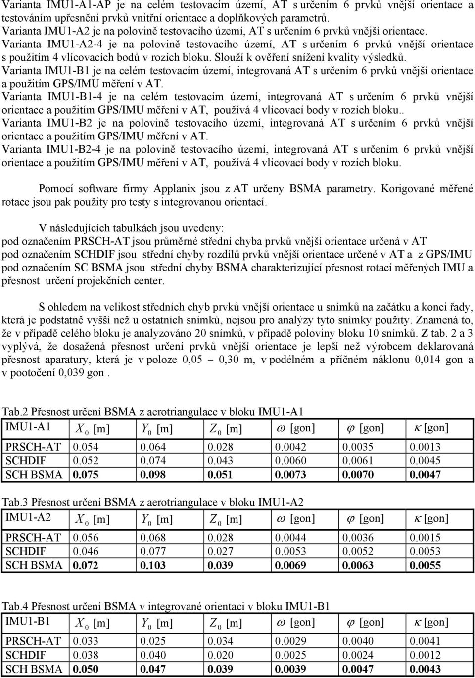 Varianta IMU1-A2-4 je na polovině testovacího území, AT s určením 6 prvků vnější orientace s použitím 4 vlícovacích bodů v rozích bloku. Slouží k ověření snížení kvality výsledků.