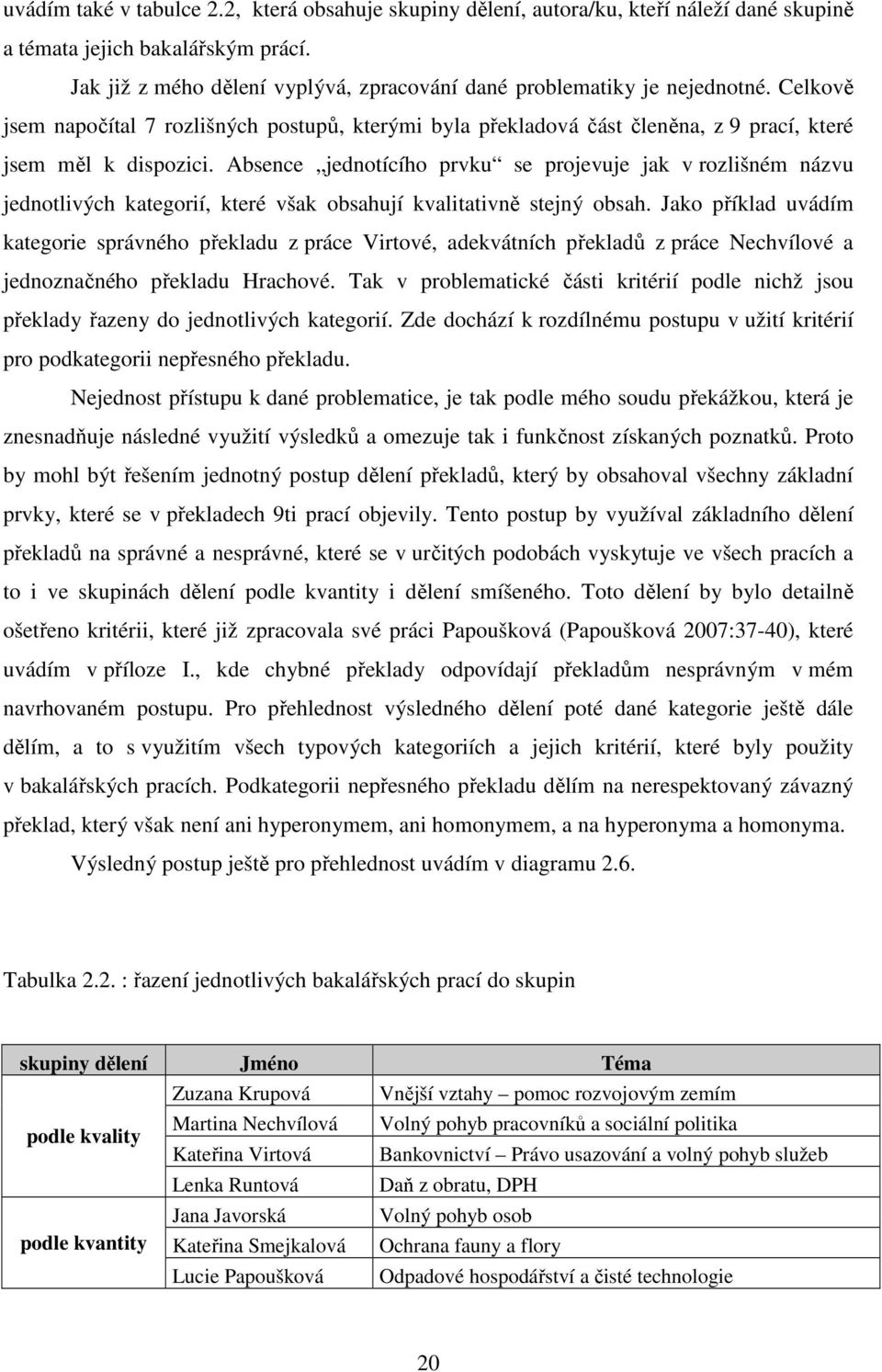 Absence jednotícího prvku se projevuje jak v rozlišném názvu jednotlivých kategorií, které však obsahují kvalitativně stejný obsah.