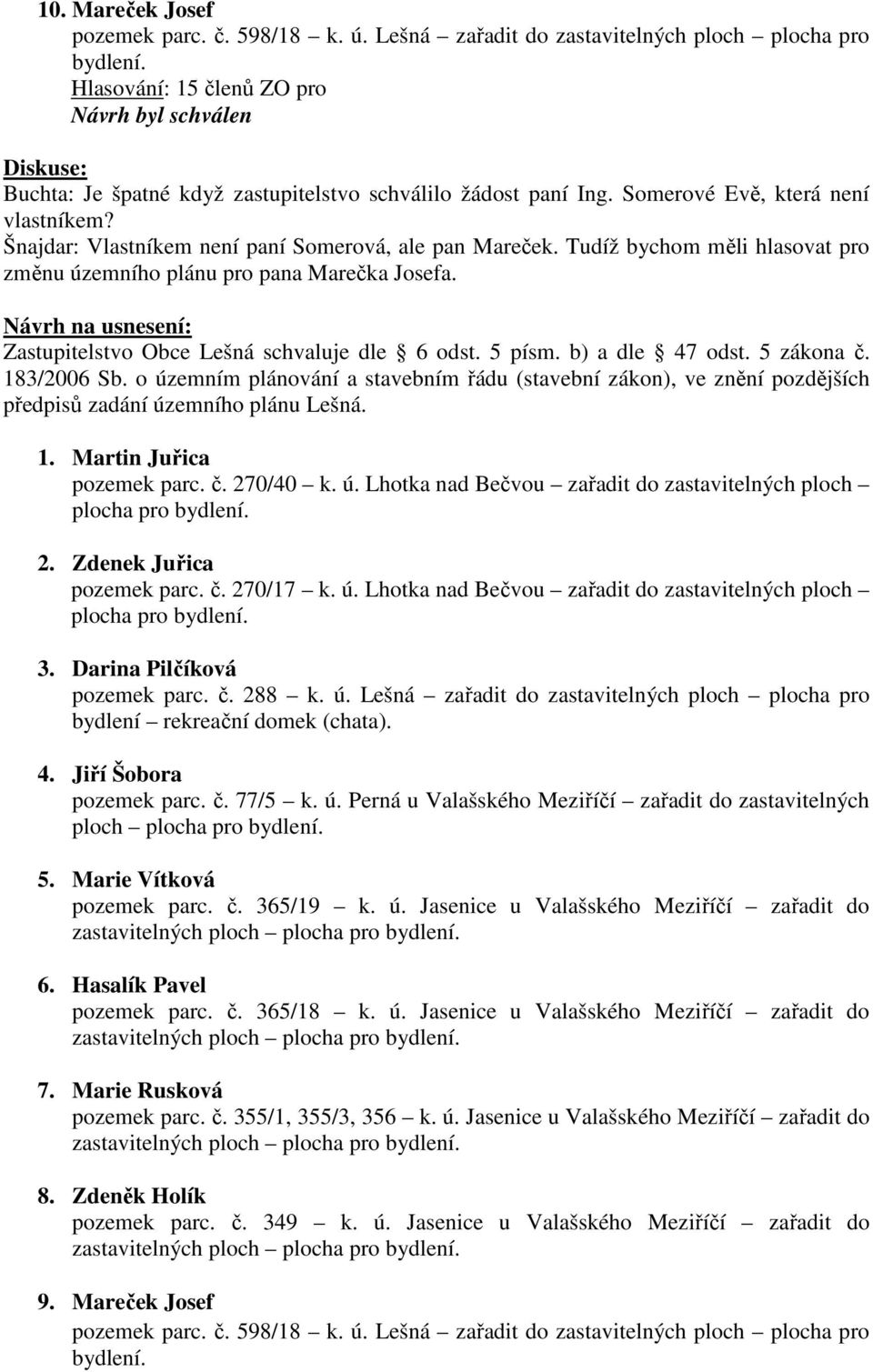 Zastupitelstvo Obce Lešná schvaluje dle 6 odst. 5 písm. b) a dle 47 odst. 5 zákona č. 183/2006 Sb.