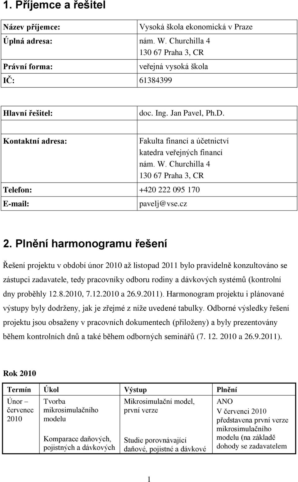 Plnění harmonogramu řešení Řešení projektu v období únor 2010 až listopad bylo pravidelně konzultováno se zástupci zadavatele, tedy pracovníky odboru rodiny a dávkových systémů (kontrolní dny