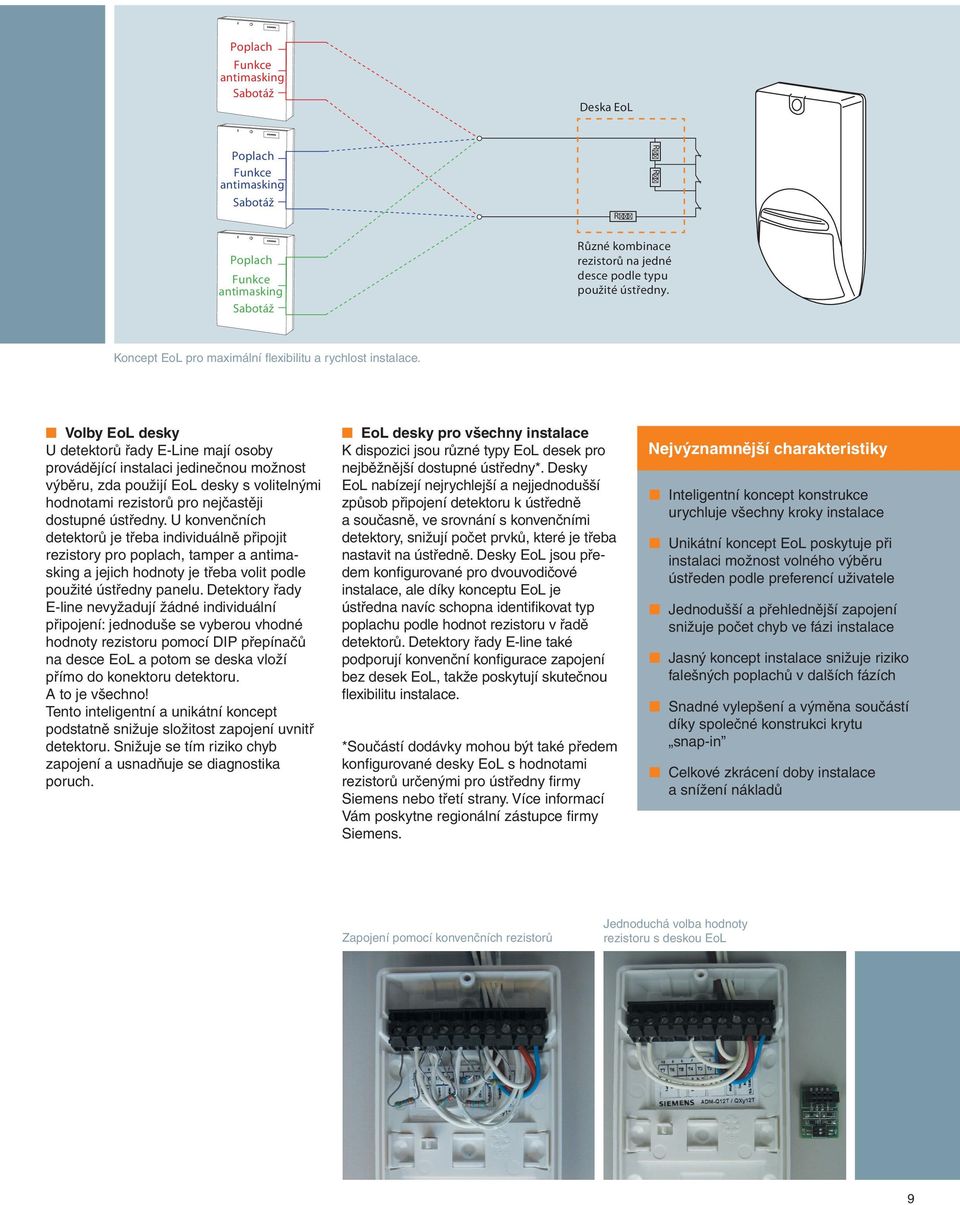 Volby EoL desky U detektorů řady E-Line mají osoby provádějící instalaci jedinečnou možnost výběru, zda použijí EoL desky s volitelnými hodnotami rezistorů pro nejčastěji dostupné ústředny.