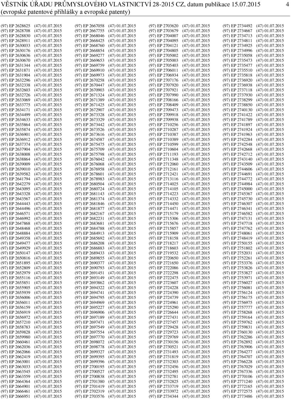 07.2015 (97) EP 2631904 (47) 01.07.2015 (97) EP 2632296 (47) 01.07.2015 (97) EP 2632338 (47) 01.07.2015 (97) EP 2632603 (47) 01.07.2015 (97) EP 2632726 (47) 01.07.2015 (97) EP 2633069 (47) 01.07.2015 (97) EP 2633775 (47) 01.