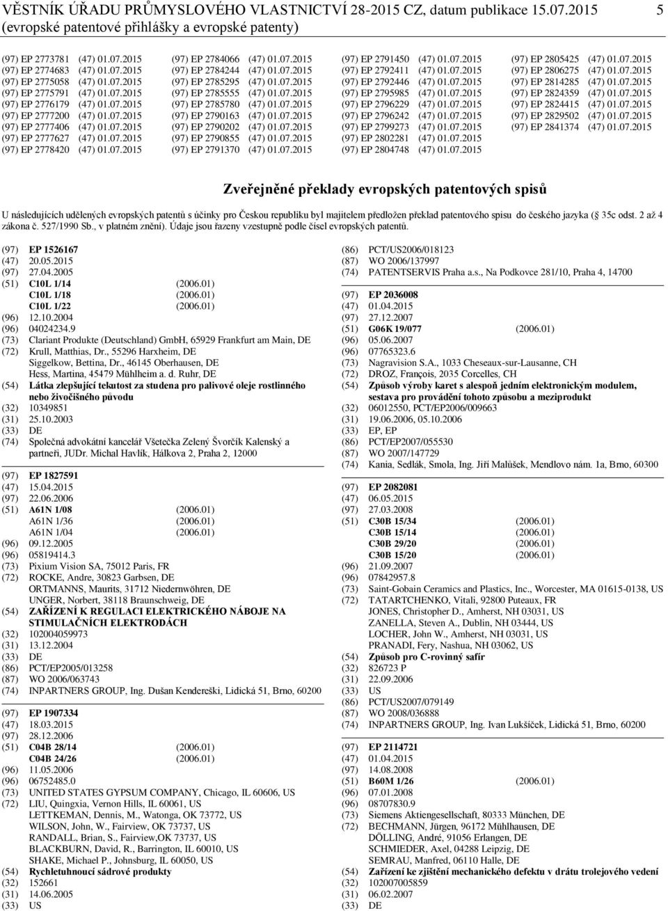 07.2015 (97) EP 2784244 (47) 01.07.2015 (97) EP 2785295 (47) 01.07.2015 (97) EP 2785555 (47) 01.07.2015 (97) EP 2785780 (47) 01.07.2015 (97) EP 2790163 (47) 01.07.2015 (97) EP 2790202 (47) 01.07.2015 (97) EP 2790855 (47) 01.