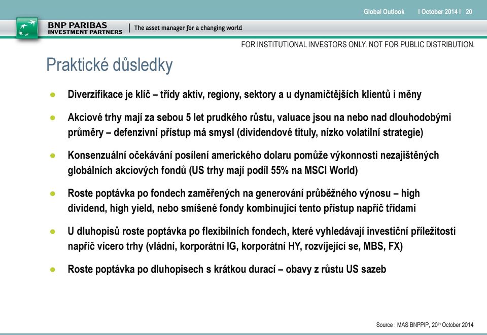 globálních akciových fondů (US trhy mají podíl 55% na MSCI World) Roste poptávka po fondech zaměřených na generování průběžného výnosu high dividend, high yield, nebo smíšené fondy kombinující tento