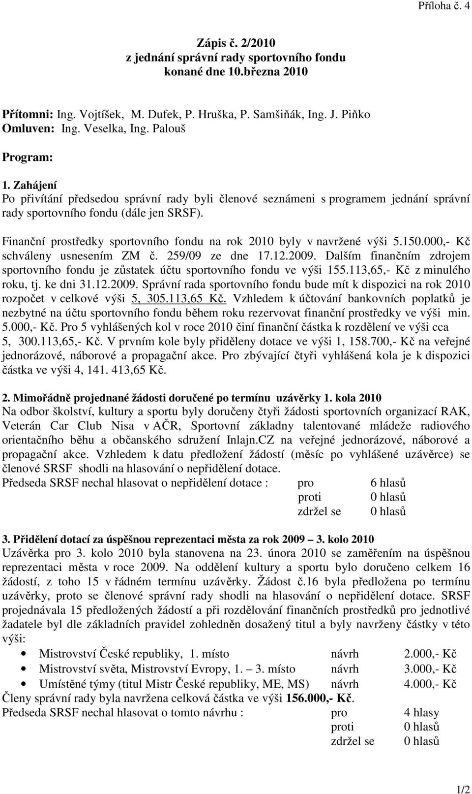 Finanční prostředky sportovního fondu na rok 2010 byly v navržené výši 5.150.000,- Kč schváleny usnesením ZM č. 259/09 ze dne 17.12.2009.