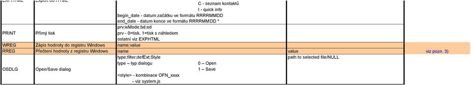 datum konce ve formátu RRRRMMDD * prv;wmode;bd;ed prv - 0=tisk, 1=tisk s náhledem ostatní viz EXPHTML name;value name