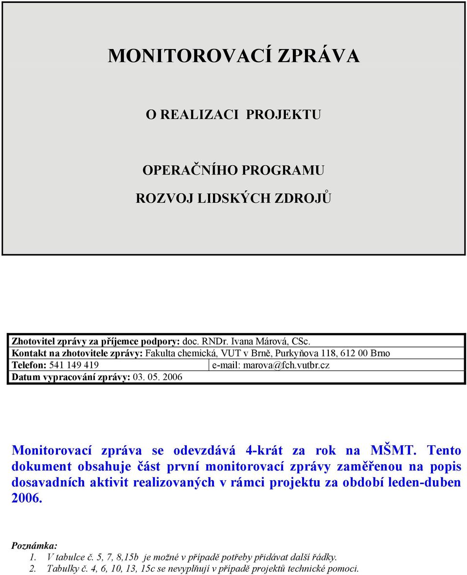 2006 Monitorovací zpráva se odevzdává 4-krát za rok na MŠMT.