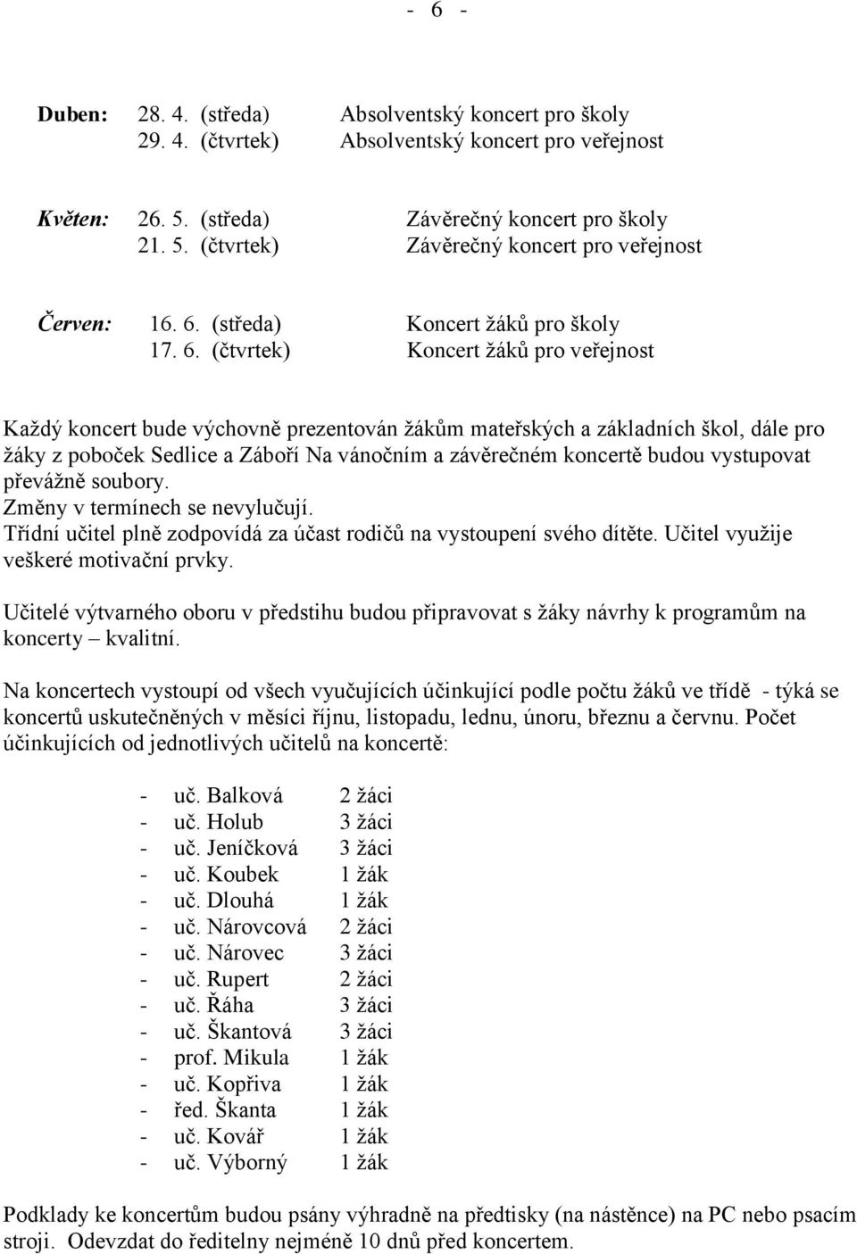 (čtvrtek) Koncert žáků pro veřejnost Každý koncert bude výchovně prezentován žákům mateřských a základních škol, dále pro žáky z poboček Sedlice a Záboří Na vánočním a závěrečném koncertě budou