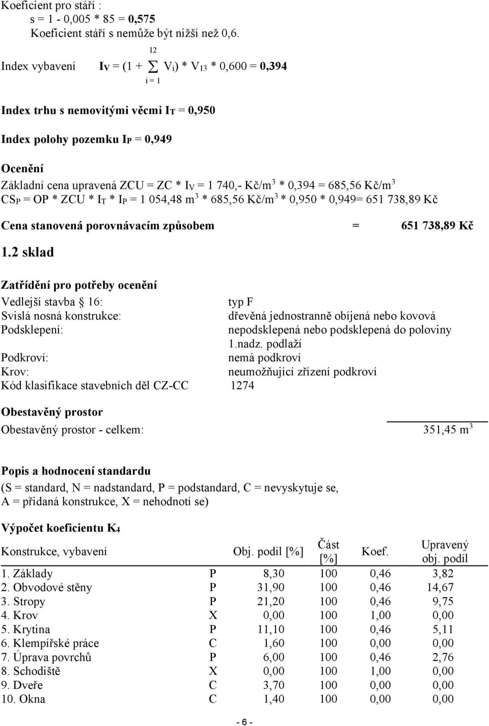 0,394 = 685,56 Kč/m 3 CSP = OP * ZCU * IT * IP = 1 054,48 m 3 * 685,56 Kč/m 3 * 0,950 * 0,949= 651 738,89 Kč Cena stanovená porovnávacím způsobem = 651 738,89 Kč 1.