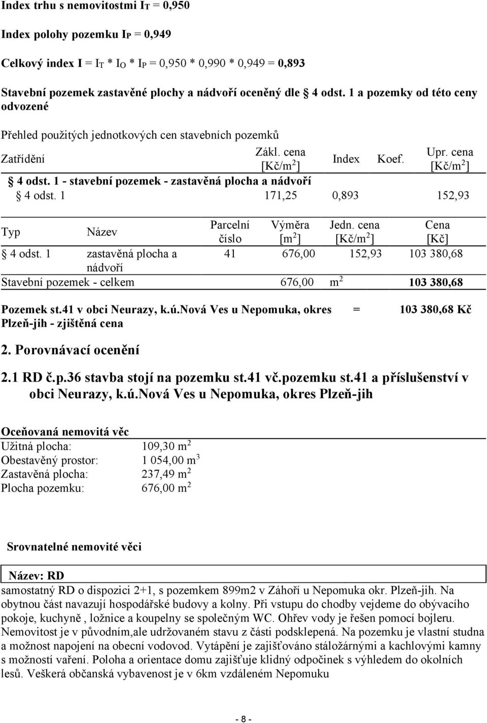 1 - stavební pozemek - zastavěná plocha a nádvoří 4 odst. 1 171,25 0,893 152,93 Typ Název Parcelní Výměra Jedn. cena Cena číslo [m 2 ] [Kč/m 2 ] [Kč] 4 odst.