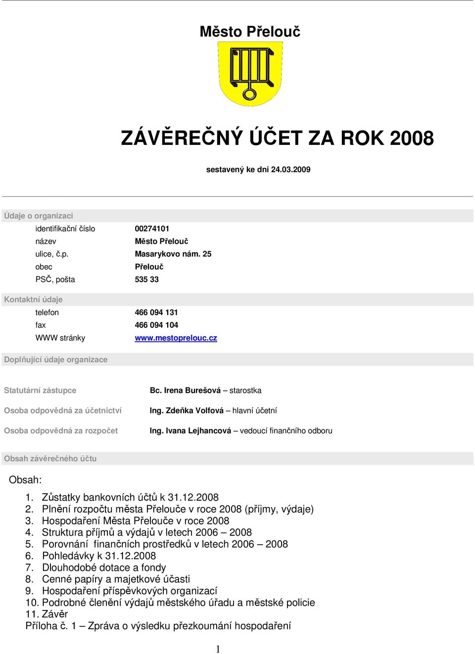 cz Doplňující údaje organizace Statutární zástupce Osoba odpovědná za účetnictví Osoba odpovědná za rozpočet Bc. Irena Burešová starostka Ing. Zdeňka Volfová hlavní účetní Ing.