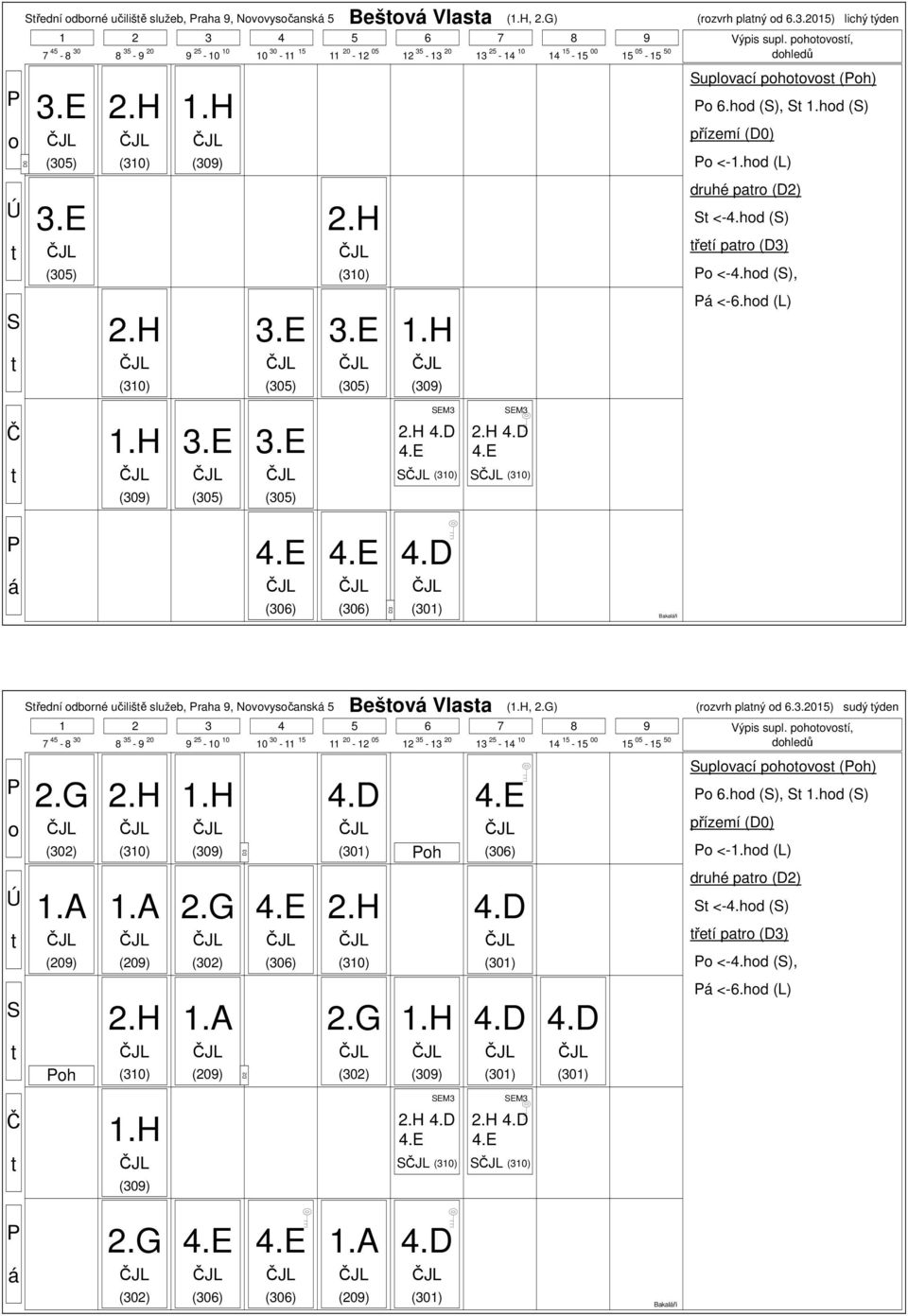 hd (L) E3 E3 Bakalři řední dbrné učilišě služeb, raha 9, Nvvysčansk 5 Bešv Vlasa (, ) (rzvrh planý d 6.3.2015) sudý ýden 1 2 3 4 5 6 7 8 9 Výpis supl.