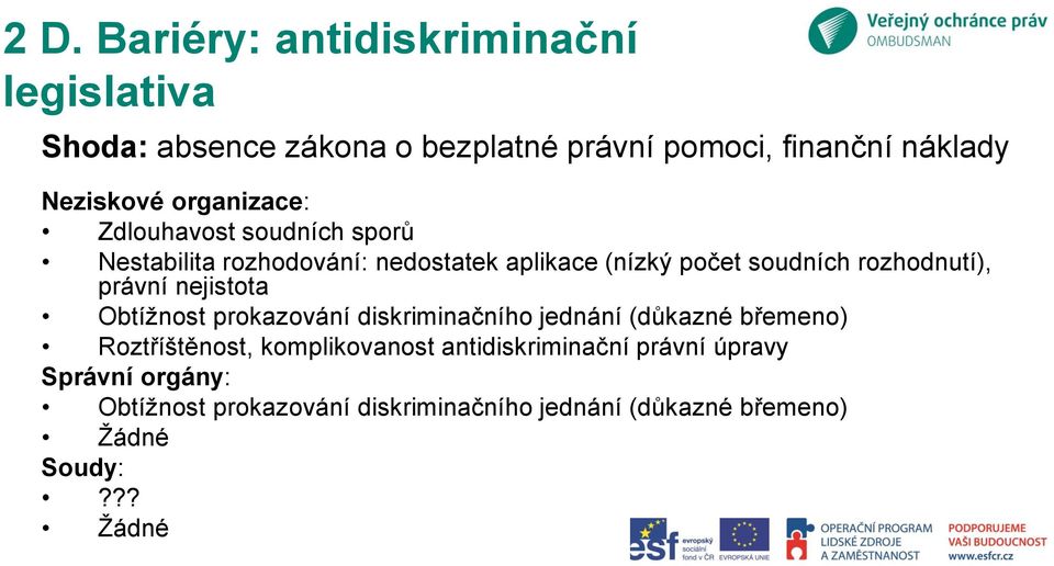 právní nejistota Obtížnost prokazování diskriminačního jednání (důkazné břemeno) Roztříštěnost, komplikovanost