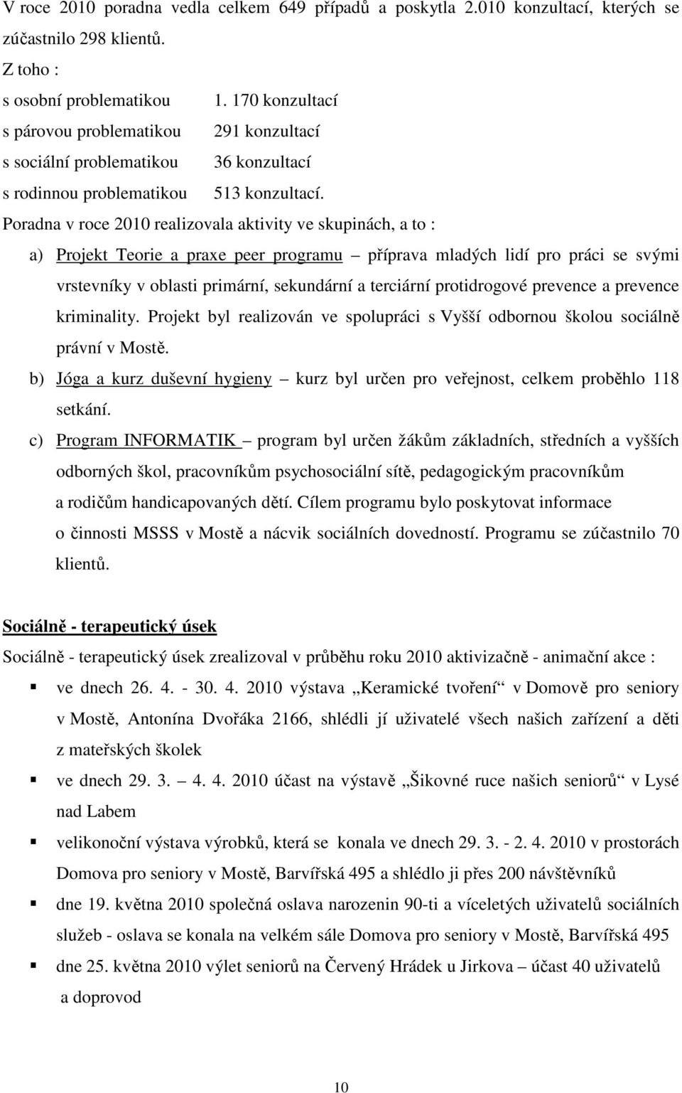 Poradna v roce 2010 realizovala aktivity ve skupinách, a to : a) Projekt Teorie a praxe peer programu příprava mladých lidí pro práci se svými vrstevníky v oblasti primární, sekundární a terciární