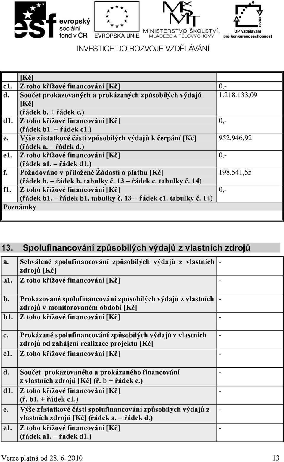 Požadováno v přiložené Žádosti o platbu [Kč] 198.541,55 (řádek b. řádek b. tabulky č. 13 řádek c. tabulky č. 14) f1. Z toho křížové financování [Kč] 0,- (řádek b1. řádek b1. tabulky č. 13 řádek c1.