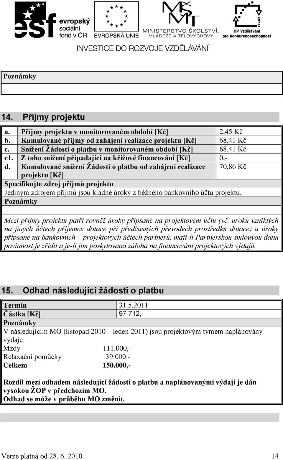 Kumulované snížení Žádosti o platbu od zahájení realizace 70,86 Kč projektu [Kč] Specifikujte zdroj příjmů projektu Jediným zdrojem příjmů jsou kladné úroky z běţného bankovního účtu projektu.