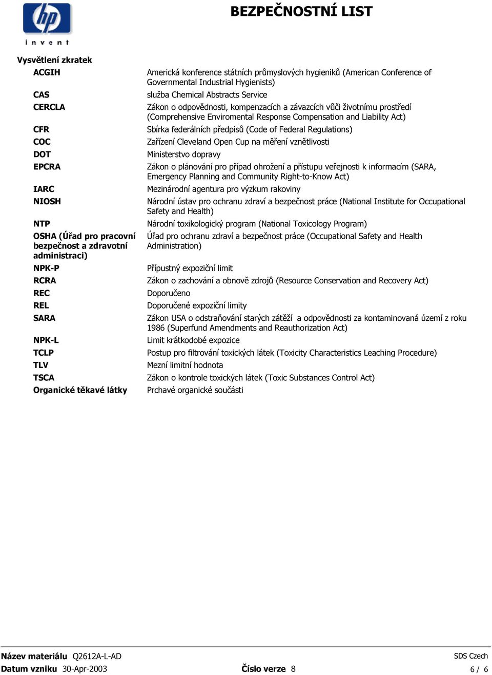 životnímu prostředí (Comprehensive Enviromental Response Compensation and Liability Act) Sbírka federálních předpisů (Code of Federal Regulations) Zařízení Cleveland Open Cup na měření vznětlivosti