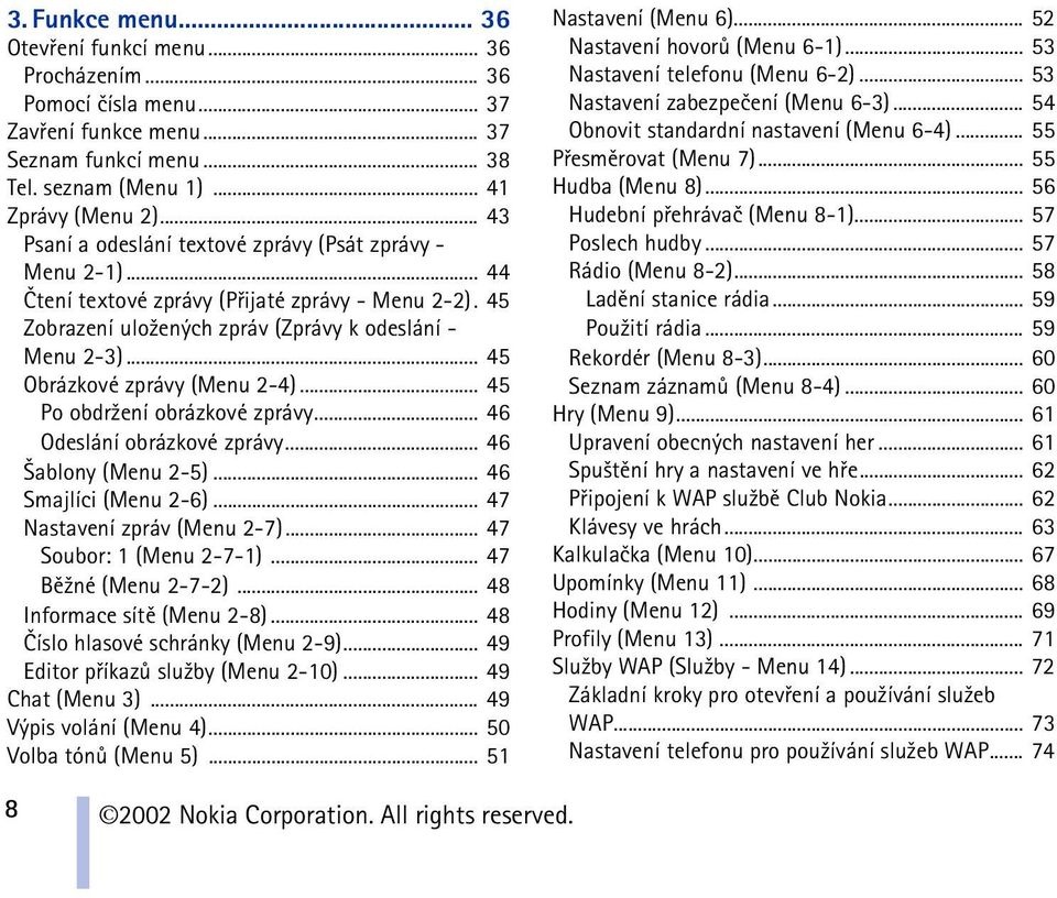 .. 45 Obrázkové zprávy (Menu 2-4)... 45 Po obdr¾ení obrázkové zprávy... 46 Odeslání obrázkové zprávy... 46 ablony (Menu 2-5)... 46 Smajlíci (Menu 2-6)... 47 Nastavení zpráv (Menu 2-7).