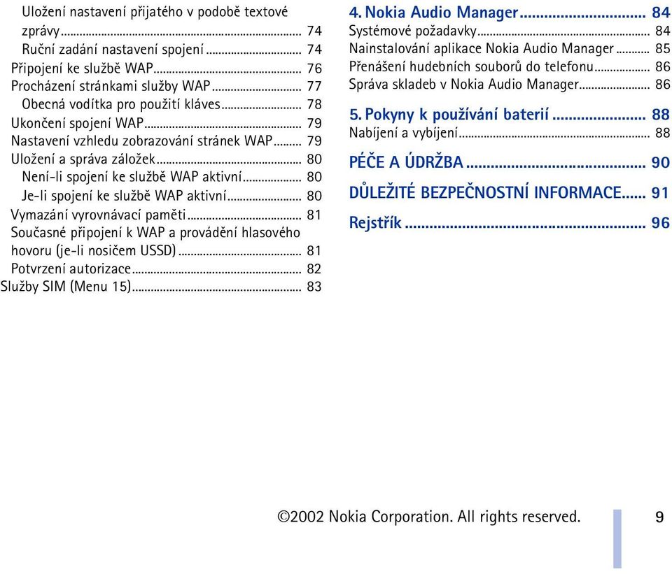 .. 80 Vymazání vyrovnávací pamìti... 81 Souèasné pøipojení k WAP a provádìní hlasového hovoru (je-li nosièem USSD)... 81 Potvrzení autorizace... 82 Slu¾by SIM (Menu 15)... 83 4. Nokia Audio Manager.