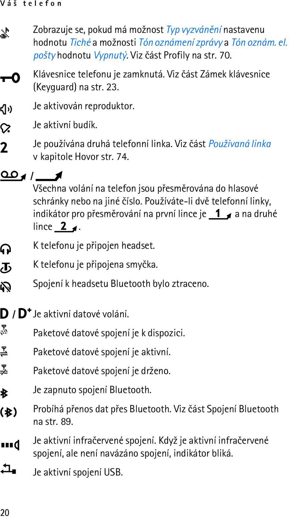 Viz èást Pou¾ívaná linka v kapitole Hovor str. 74. / V¹echna volání na telefon jsou pøesmìrována do hlasové schránky nebo na jiné èíslo.