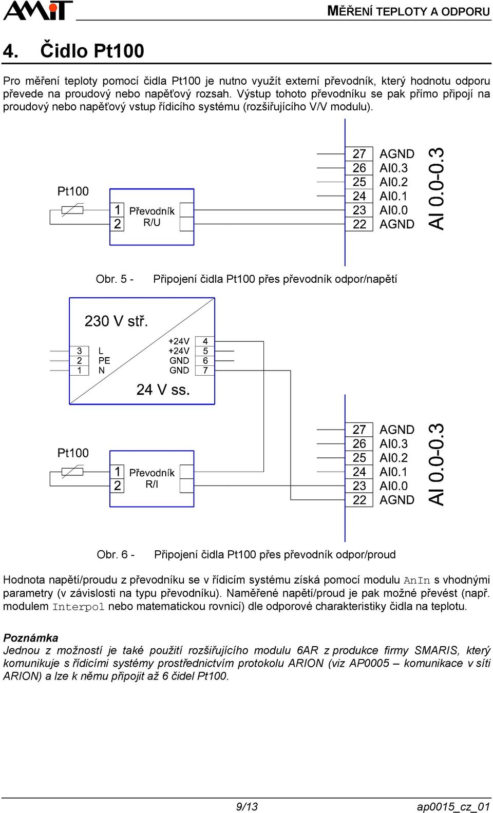 6 - Připojení čidla Pt100 přes převodník odpor/proud Hodnota napětí/proudu z převodníku se v řídicím systému získá pomocí modulu AnIn s vhodnými parametry (v závislosti na typu převodníku).