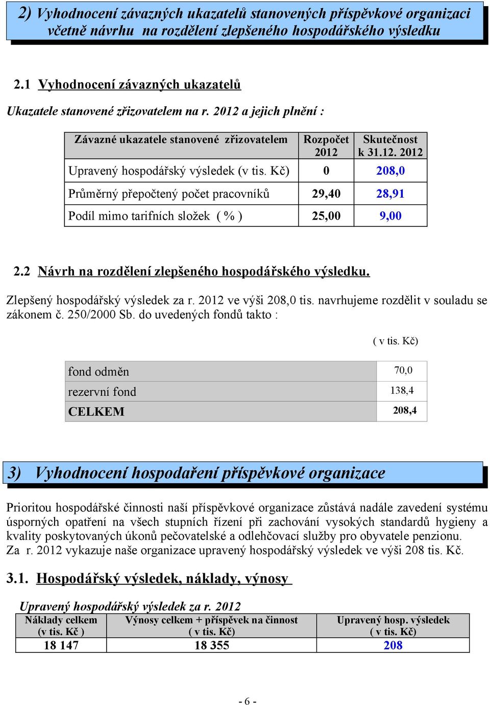 Kč) 0 208,0 Průměrný přepočtený počet pracovníků 29,40 28,91 Podíl mimo tarifních složek ( % ) 25,00 9,00 2.2 Návrh na rozdělení zlepšeného hospodářského výsledku. Zlepšený hospodářský výsledek za r.