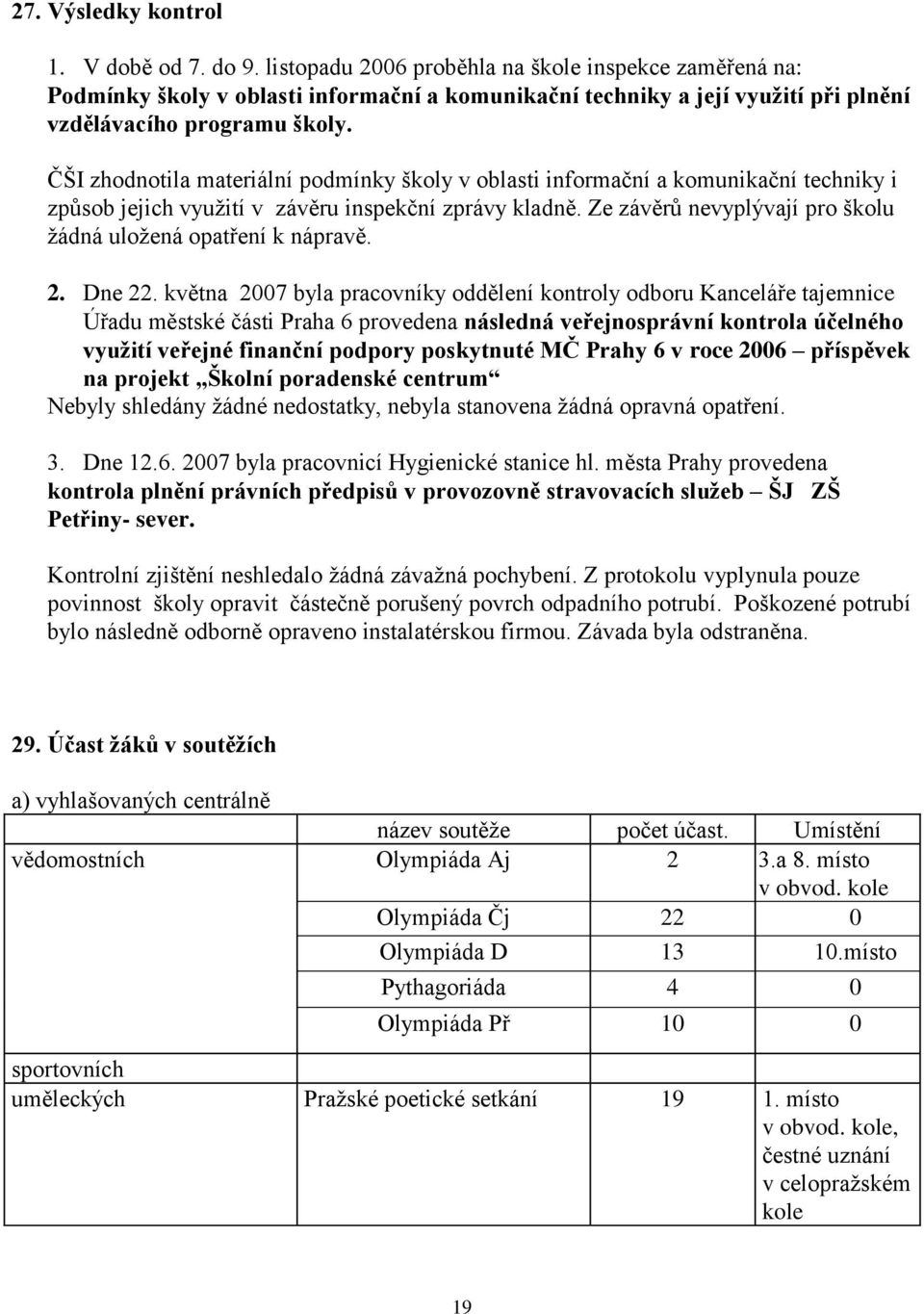 ČŠI zhodnotila materiální podmínky školy v oblasti informační a komunikační techniky i způsob jejich vyuţití v závěru inspekční zprávy kladně.