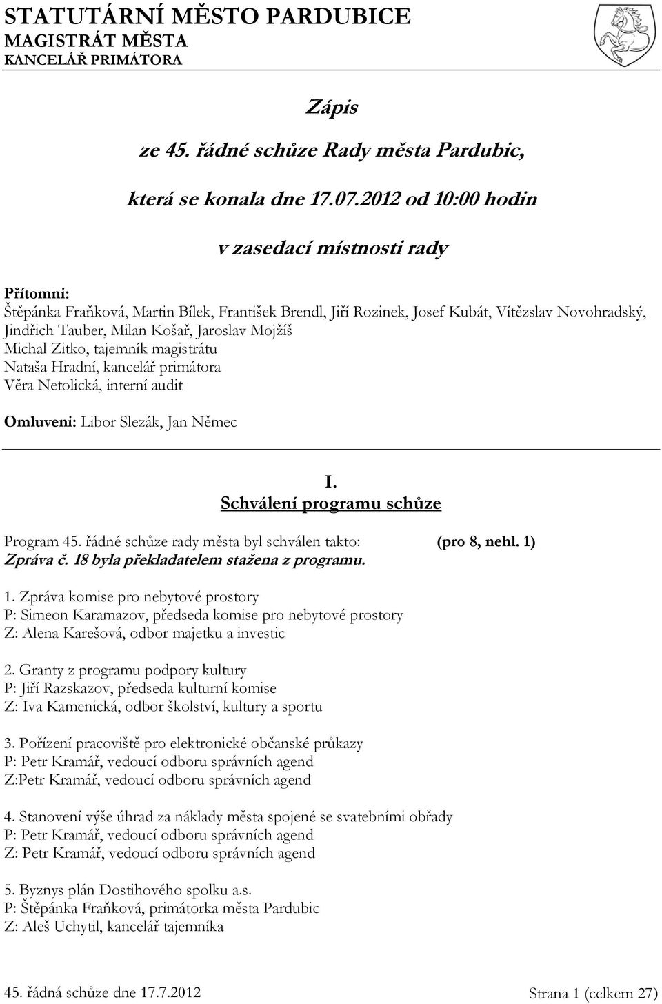 Mojžíš Michal Zitko, tajemník magistrátu Nataša Hradní, kancelář primátora Věra Netolická, interní audit Omluveni: Libor Slezák, Jan Němec I. Schválení programu schůze Program 45.