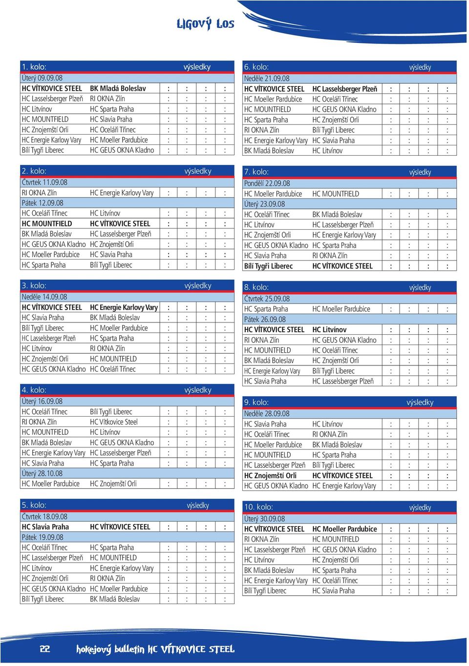 Třinec : : : : HC Energie Karlovy Vary HC Moeller Pardubice : : : : Bílí Tygři Liberec HC GEUS OKNA Kladno : : : : 2. kolo: výsledky Čtvrtek 11.09.