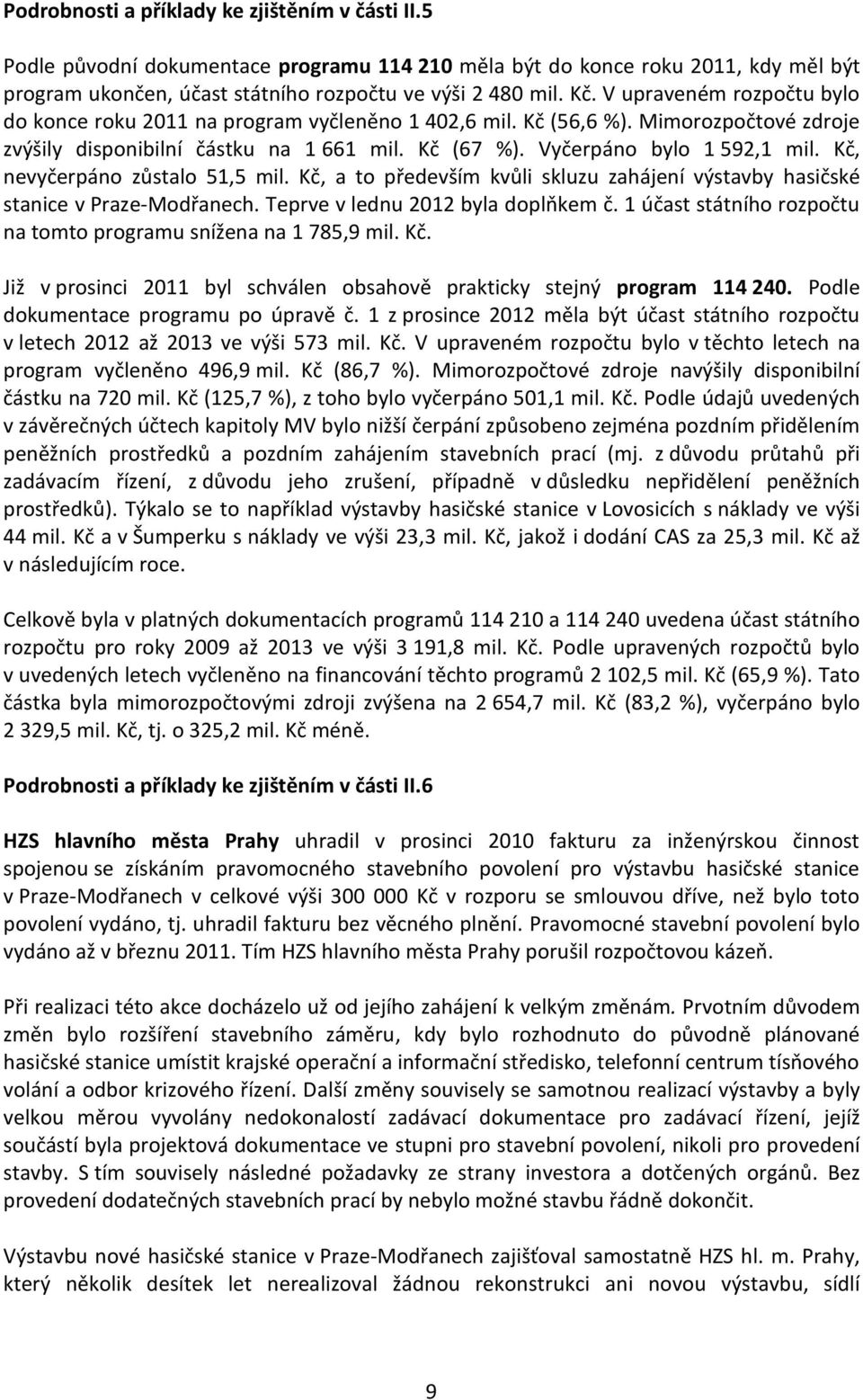 Kč, nevyčerpáno zůstalo 51,5 mil. Kč, a to především kvůli skluzu zahájení výstavby hasičské stanice v Praze-Modřanech. Teprve v lednu 2012 byla doplňkem č.