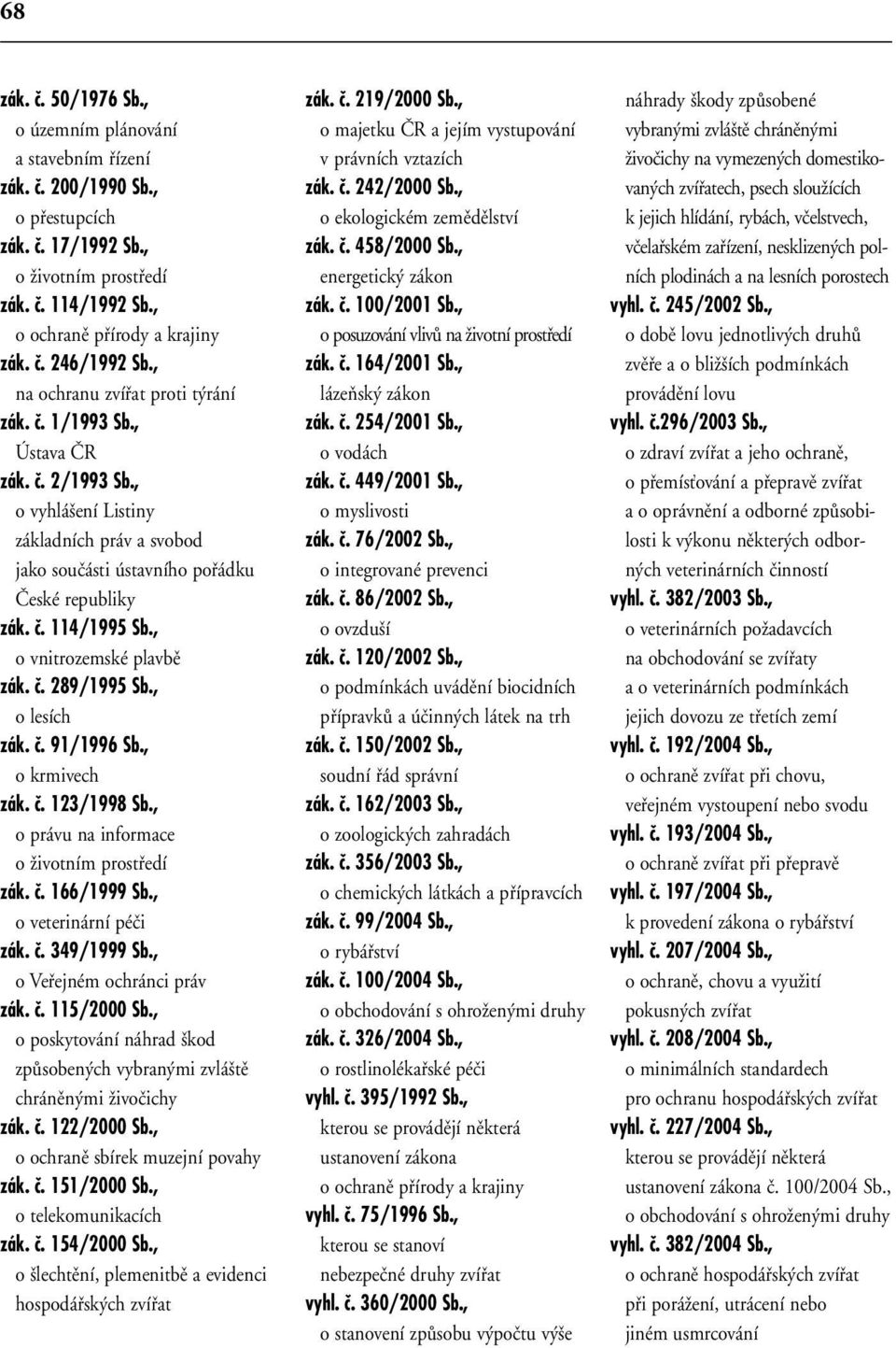 , o vnitrozemské plavbû zák. ã. 289/1995 Sb., o lesích zák. ã. 91/1996 Sb., o krmivech zák. ã. 123/1998 Sb., o právu na informace o Ïivotním prostfiedí zák. ã. 166/1999 Sb., o veterinární péãi zák. ã. 349/1999 Sb.