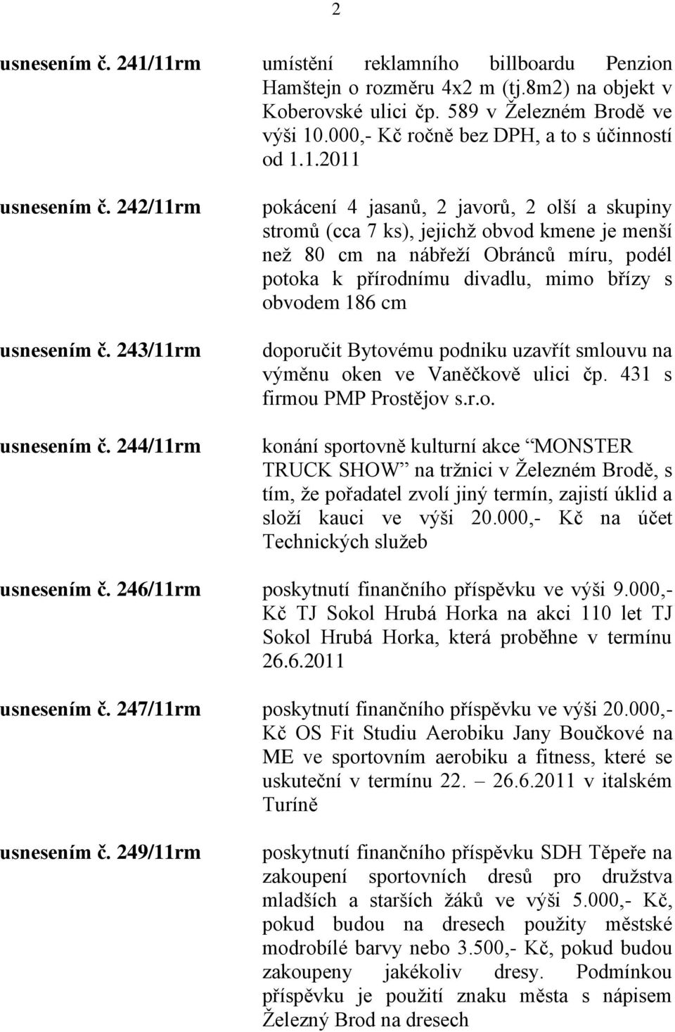 244/11rm pokácení 4 jasanů, 2 javorů, 2 olší a skupiny stromů (cca 7 ks), jejichţ obvod kmene je menší neţ 80 cm na nábřeţí Obránců míru, podél potoka k přírodnímu divadlu, mimo břízy s obvodem 186