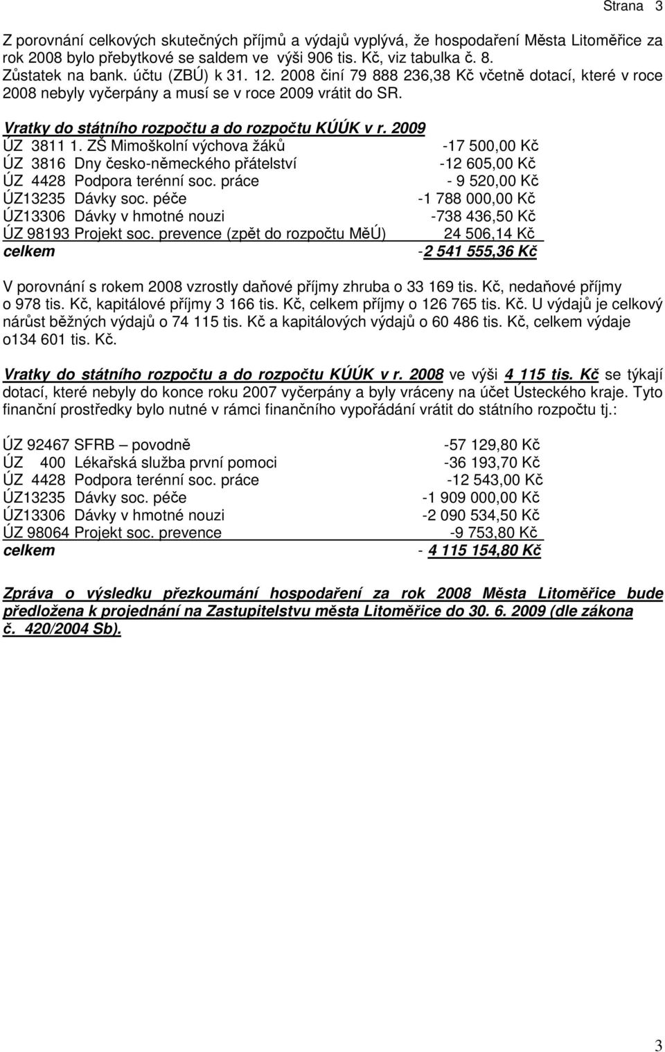 2009 ÚZ 3811 1. ZŠ Mimoškolní výchova žáků -17 500,00 Kč ÚZ 3816 Dny česko-německého přátelství -12 605,00 Kč ÚZ 4428 Podpora terénní soc. práce - 9 5 Kč ÚZ13235 Dávky soc.