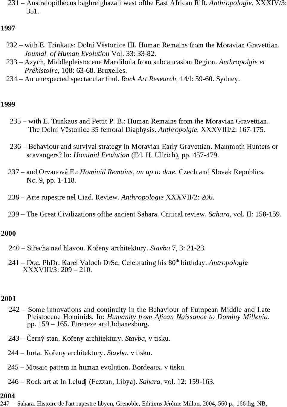 Rock Art Research, 14/l: 59-60. Sydney. 1999 235 with E. Trinkaus and Pettit P. B.: Human Remains from the Moravian Gravettian. The Dolní Věstonice 35 femoral Diaphysis.