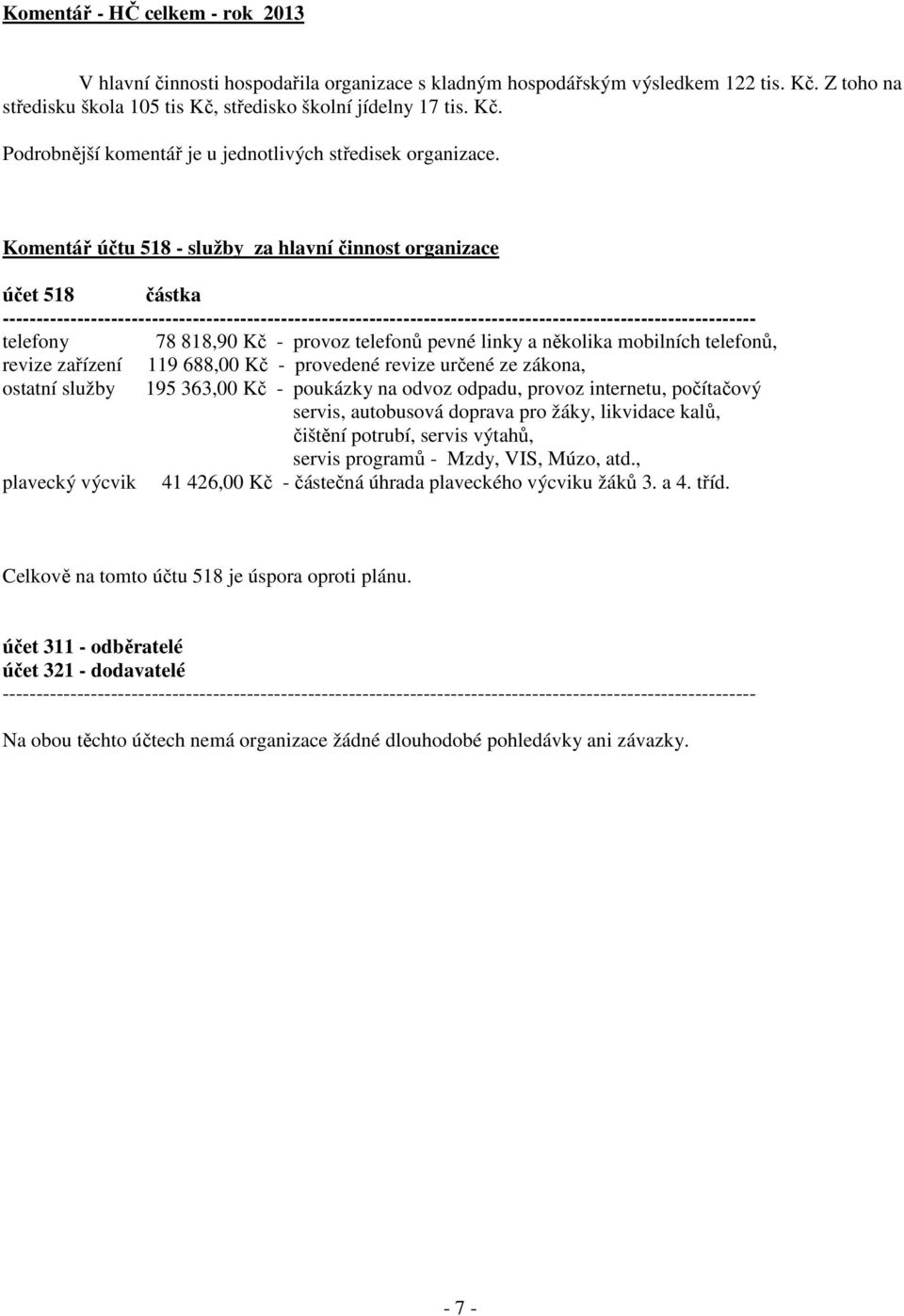818,90 Kč - provoz telefonů pevné linky a několika mobilních telefonů, revize zařízení 119 688,00 Kč - provedené revize určené ze zákona, ostatní služby 195 363,00 Kč - poukázky na odvoz odpadu,