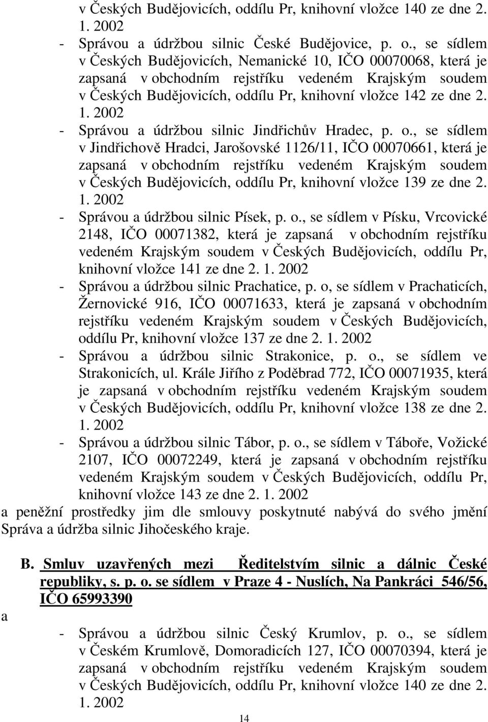 , se sídlem v Českých Budějovicích, Nemanické 10, IČO 00070068, která je zapsaná v obchodním rejstříku vedeném Krajským soudem dílu Pr, knihovní vložce 142 ze dne 2. 1. 2002 - Správou a údržbou silnic Jindřichův Hradec, p.