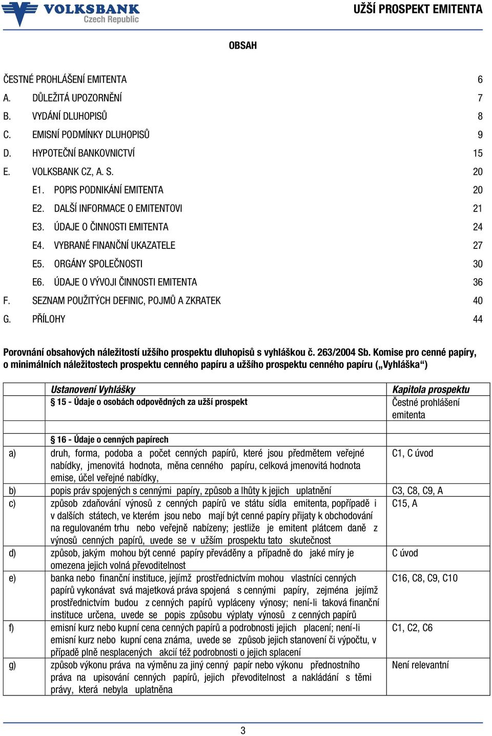 SEZNAM POUŽITÝCH DEFINIC, POJMŮ A ZKRATEK 40 G. PŘÍLOHY 44 Porovnání obsahových náležitostí užšího prospektu dluhopisů s vyhláškou č. 263/2004 Sb.