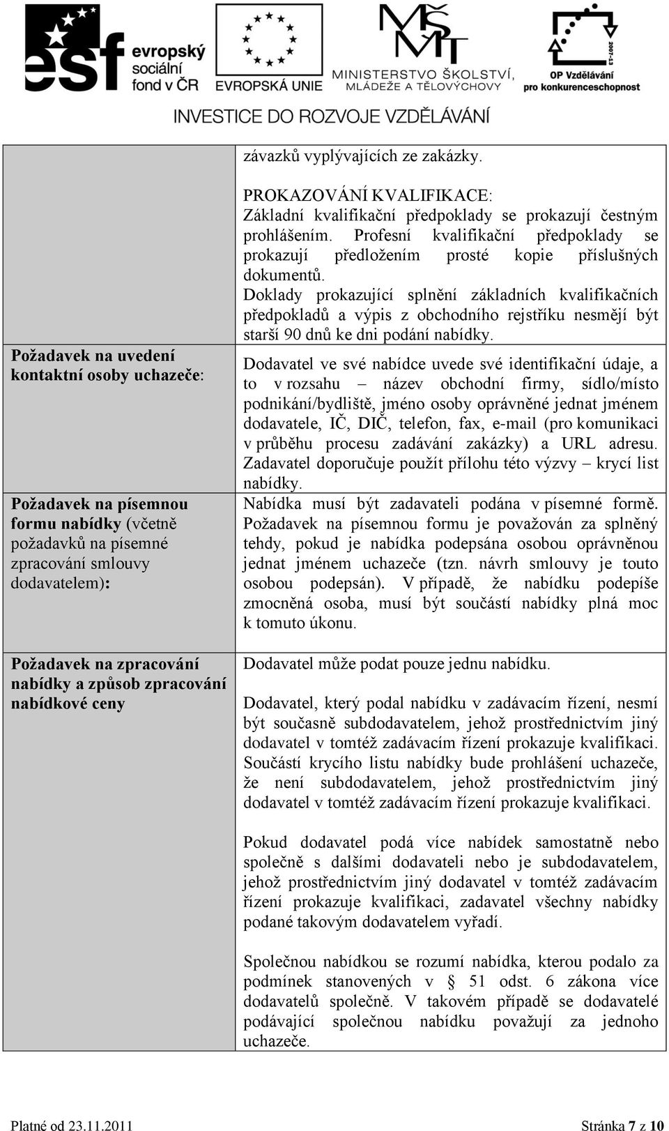 nabídkové ceny PROKAZOVÁNÍ KVALIFIKACE: Základní kvalifikační předpoklady se prokazují čestným prohlášením.