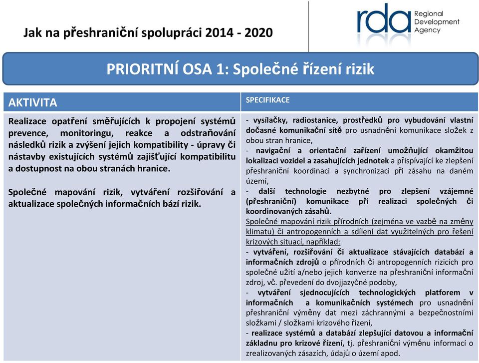 - vysílačky, radiostanice, prostředků pro vybudování vlastní dočasné komunikační sítě pro usnadnění komunikace složek z obou stran hranice, - navigační a orientační zařízení umožňující okamžitou