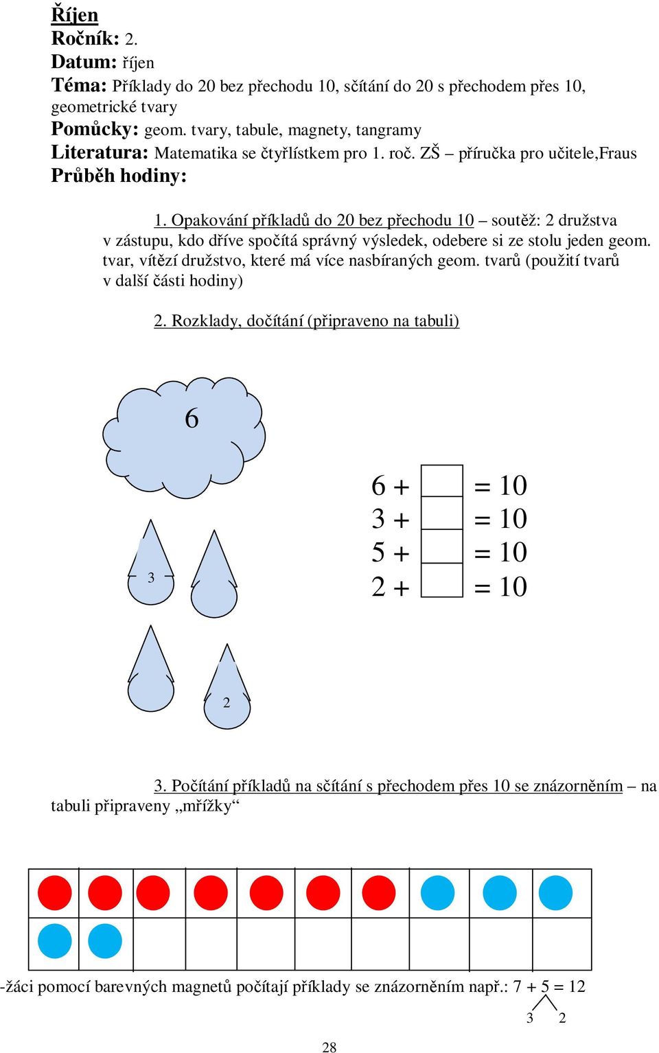 Opakování p íklad do 20 bez p echodu 10 sout ž: 2 družstva v zástupu, kdo d íve spo ítá správný výsledek, odebere si ze stolu jeden geom.