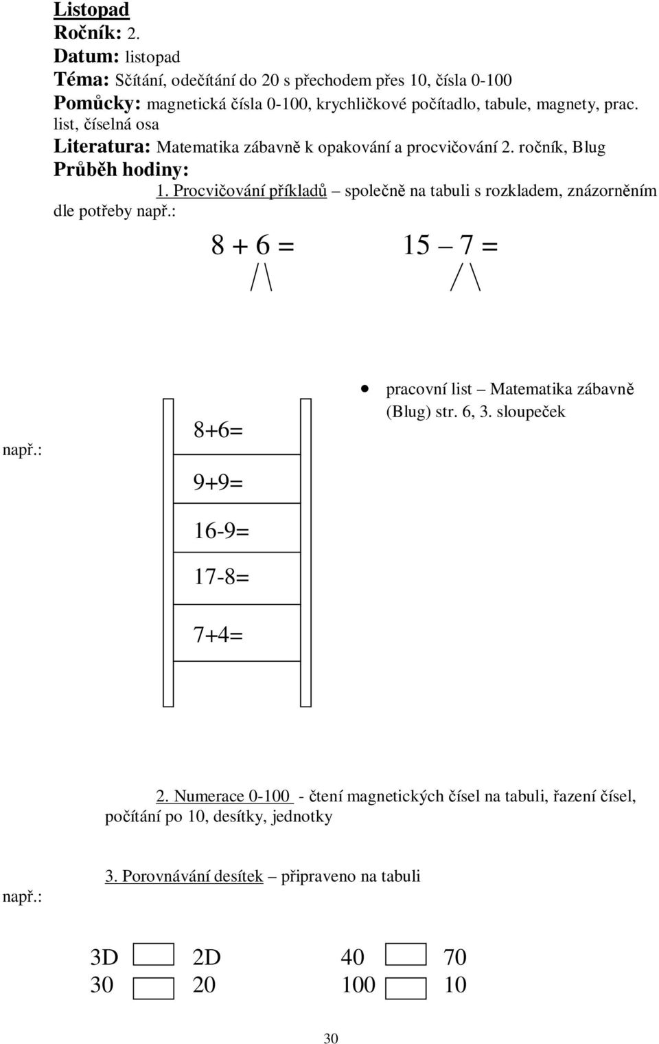 list, íselná osa Literatura: Matematika zábavn k opakování a procvi ování 2. ro ník, Blug Pr h hodiny: 1.