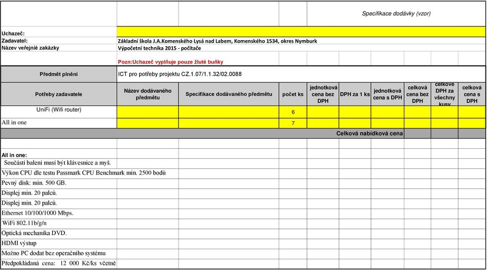 DPH za všechny kusy celková cena s DPH All in one 7 Celková nabídková cena All in one: Součástí balení musí být klávesnice a myš. Výkon CPU dle testu Passmark CPU Benchmark min.
