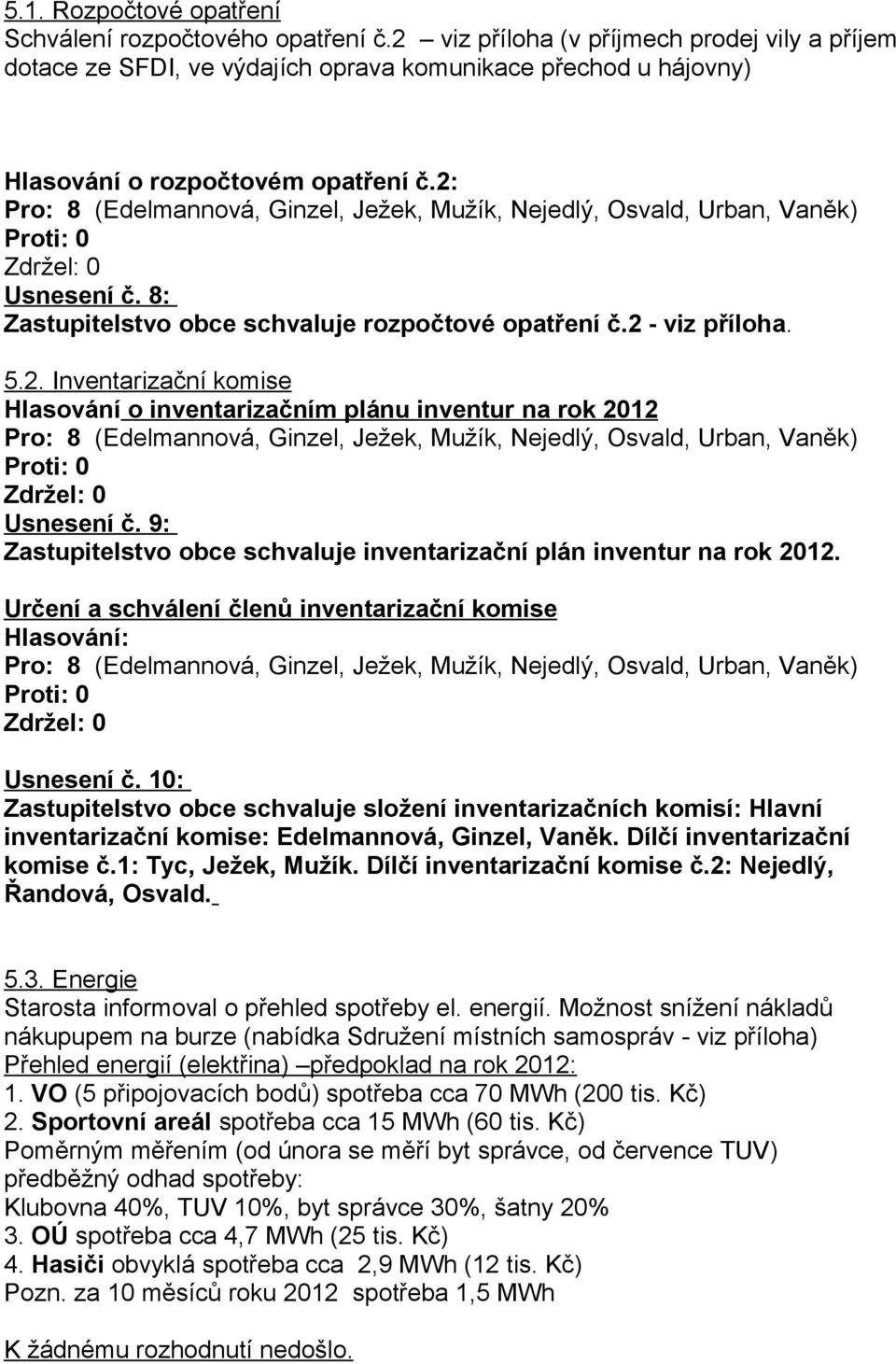 8: Zastupitelstvo obce schvaluje rozpočtové opatření č.2 - viz příloha. 5.2. Inventarizační komise Hlasování o inventarizačním plánu inventur na rok 2012 Usnesení č.