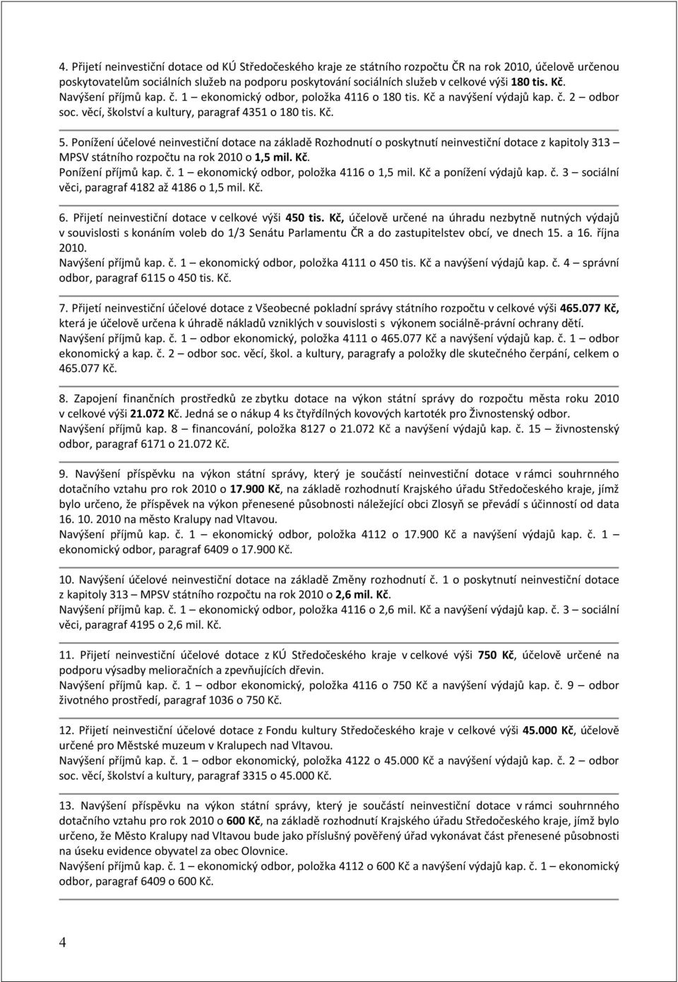 Ponížení účelové neinvestiční dotace na základě Rozhodnutí o poskytnutí neinvestiční dotace z kapitoly 313 MPSV státního rozpočtu na rok 2010 o 1,5 mil. Kč. Ponížení příjmů kap. č.