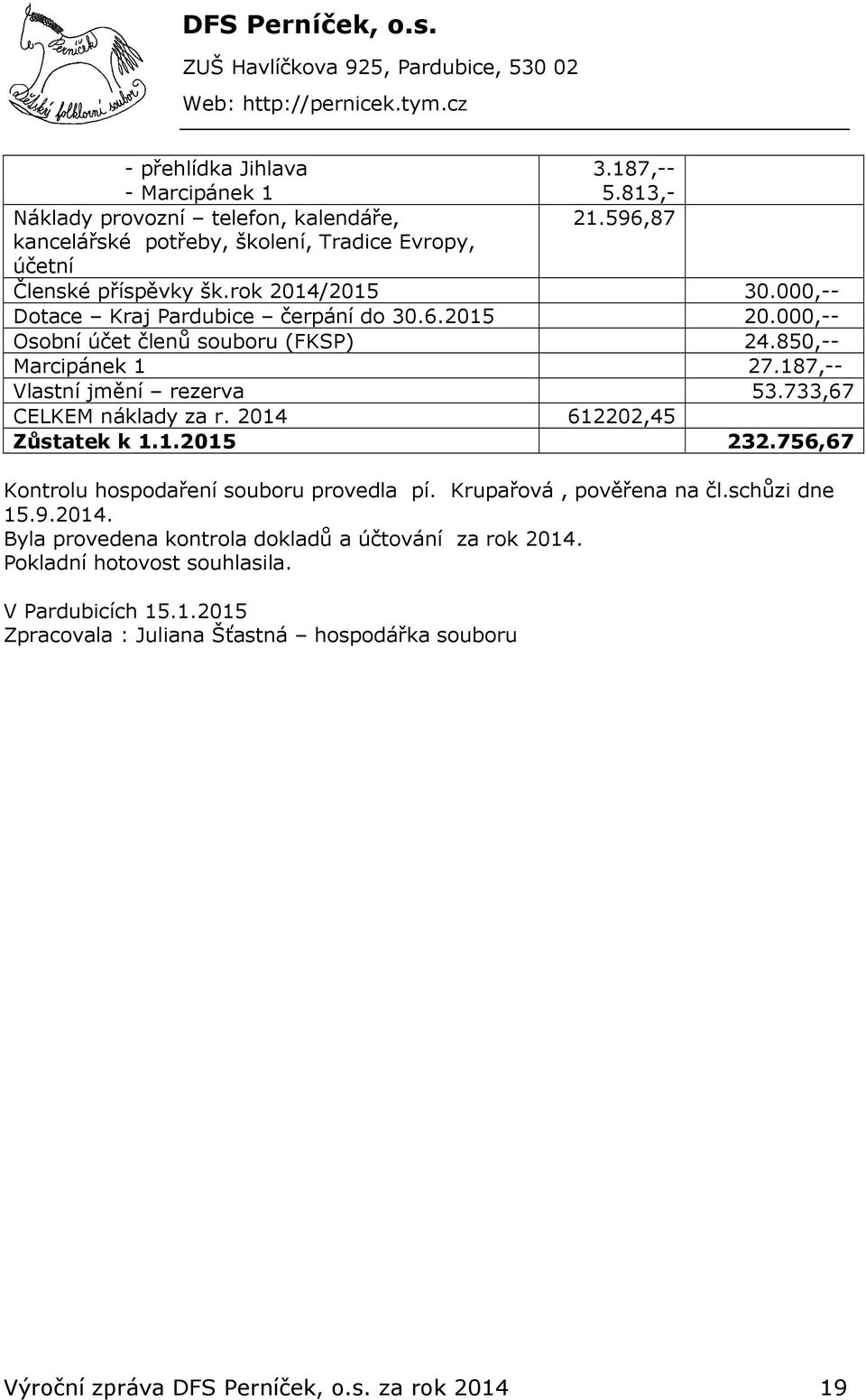 733,67 CELKEM náklady za r. 2014 612202,45 Zůstatek k 1.1.2015 232.756,67 Kontrolu hospodaření souboru provedla pí. Krupařová, pověřena na čl.schůzi dne 15.9.2014. Byla provedena kontrola dokladů a účtování za rok 2014.