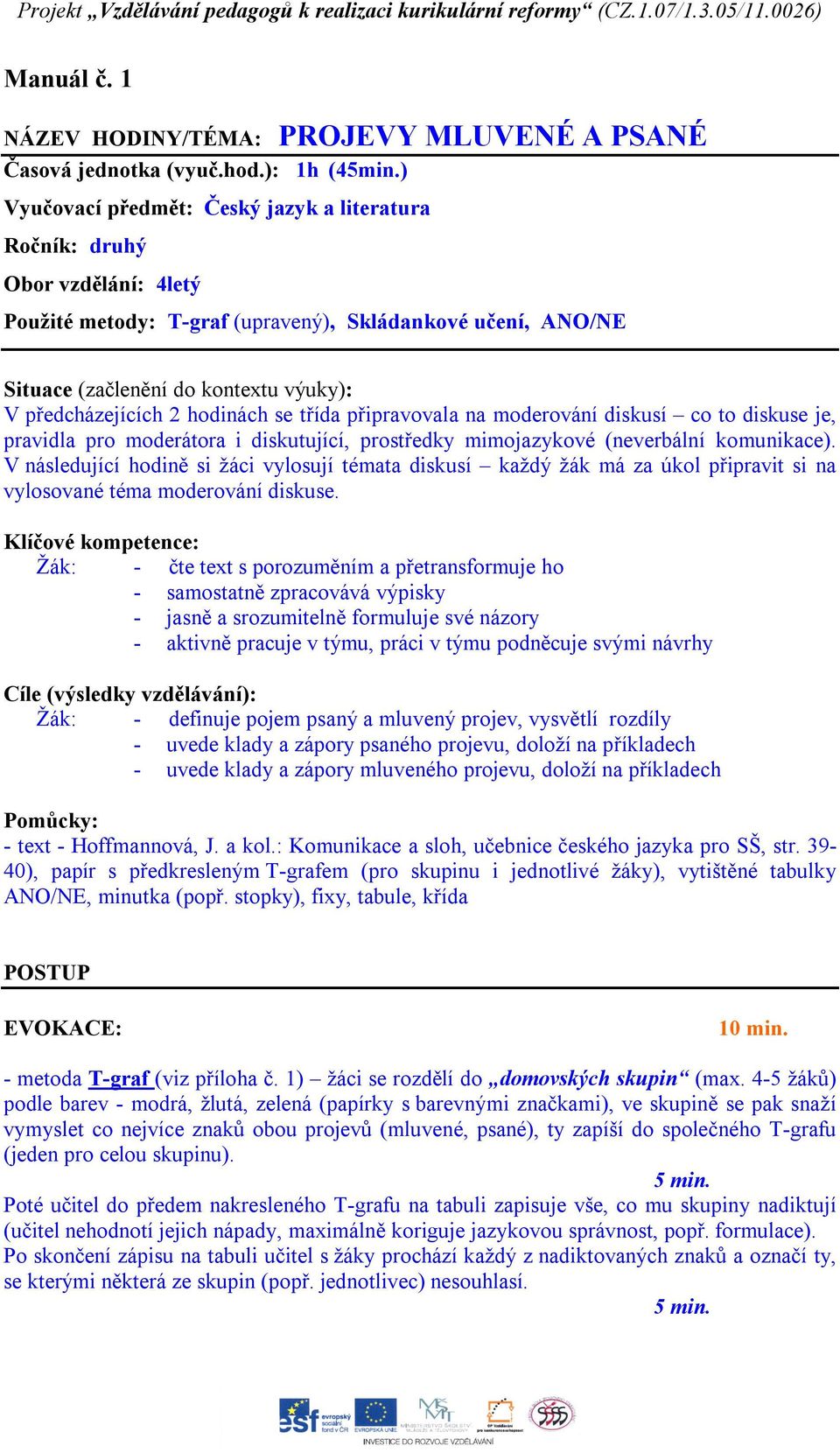 2 hodinách se třída připravovala na moderování diskusí co to diskuse je, pravidla pro moderátora i diskutující, prostředky mimojazykové (neverbální komunikace).