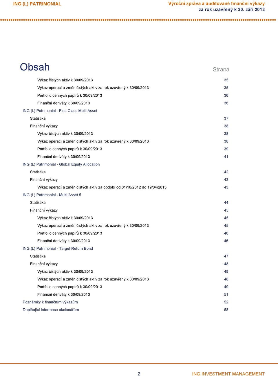 30/09/2013 39 Finanční deriváty k 30/09/2013 41 ING (L) Patrimonial Global Equity Allocation Statistika 42 Finanční výkazy 43 Výkaz operací a změn čistých aktiv za období od 01/10/2012 do 19/04/2013
