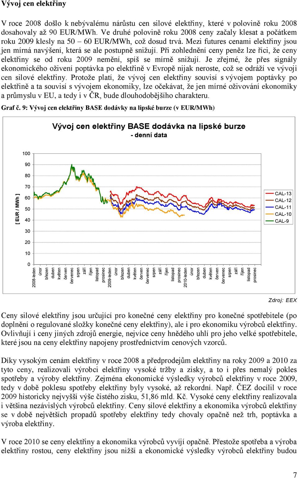 90 EUR/MWh. Ve druhé polovině roku 2008 ceny začaly klesat a počátkem roku 2009 klesly na 50 60 EUR/MWh, což dosud trvá.