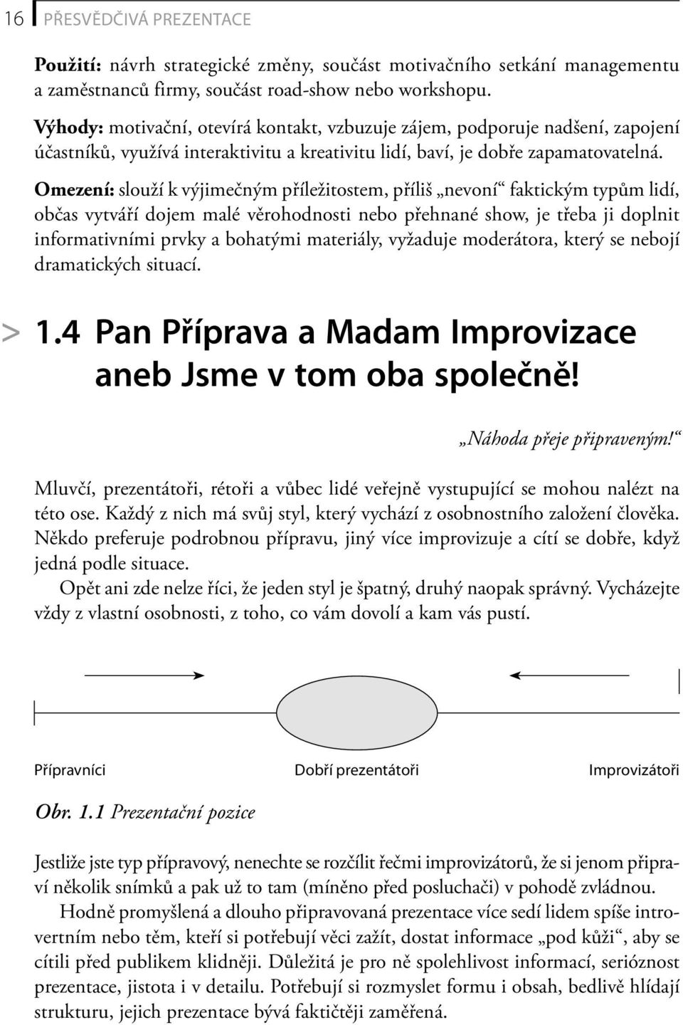 Omezení: slouží k výjimečným příležitostem, příliš nevoní faktickým typům lidí, občas vytváří dojem malé věrohodnosti nebo přehnané show, je třeba ji doplnit informativními prvky a bohatými